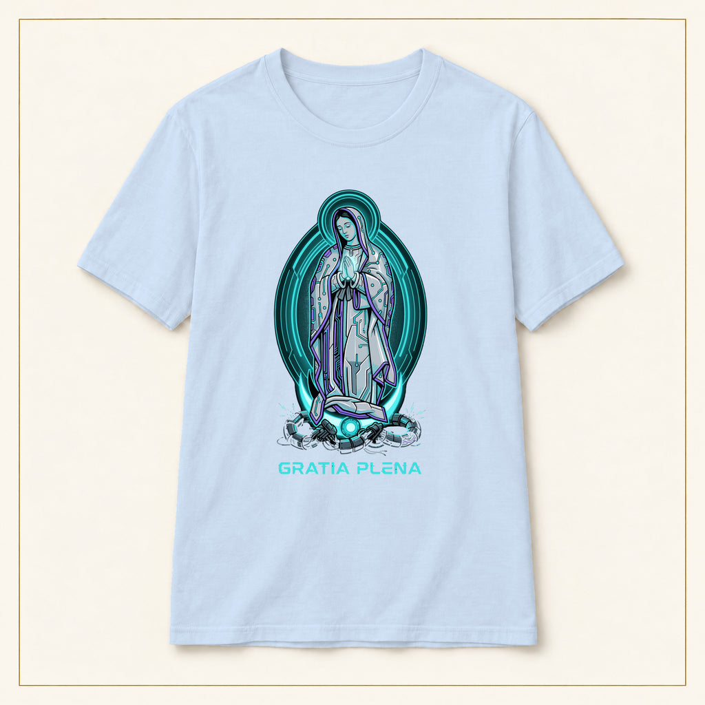 Our Lady of Guadalupe T-Shirt — Gratia Plena — compact lay-flat, original print scale and placement — Light Blue