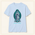 Our Lady of Guadalupe T-Shirt — Gratia Plena — compact lay-flat, original print scale and placement — Light Blue