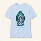 Our Lady of Guadalupe T-Shirt — Gratia Plena — compact lay-flat, original print scale and placement — Light Blue