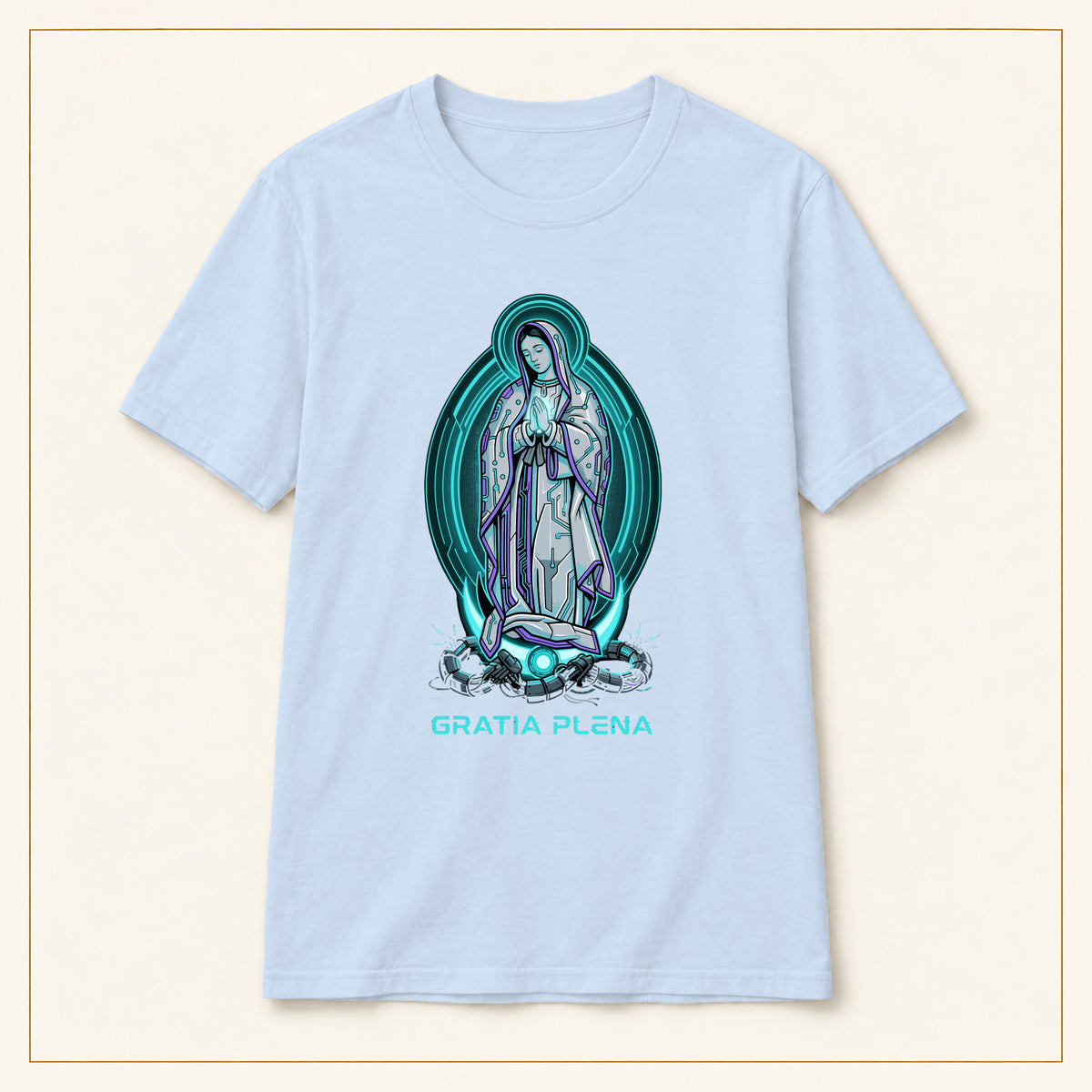 Our Lady of Guadalupe T-Shirt — Gratia Plena — compact lay-flat, original print scale and placement — Light Blue