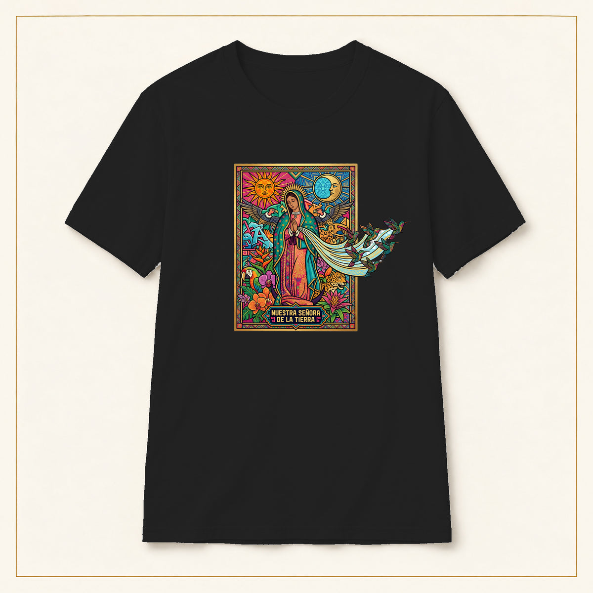 Our Lady of Guadalupe T-Shirt — Stained Glass — compact lay-flat, original print scale and placement — Black
