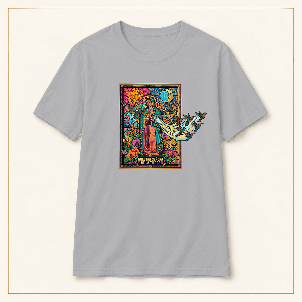 Our Lady of Guadalupe T-Shirt — Stained Glass — compact lay-flat, original print scale and placement — Sport Grey