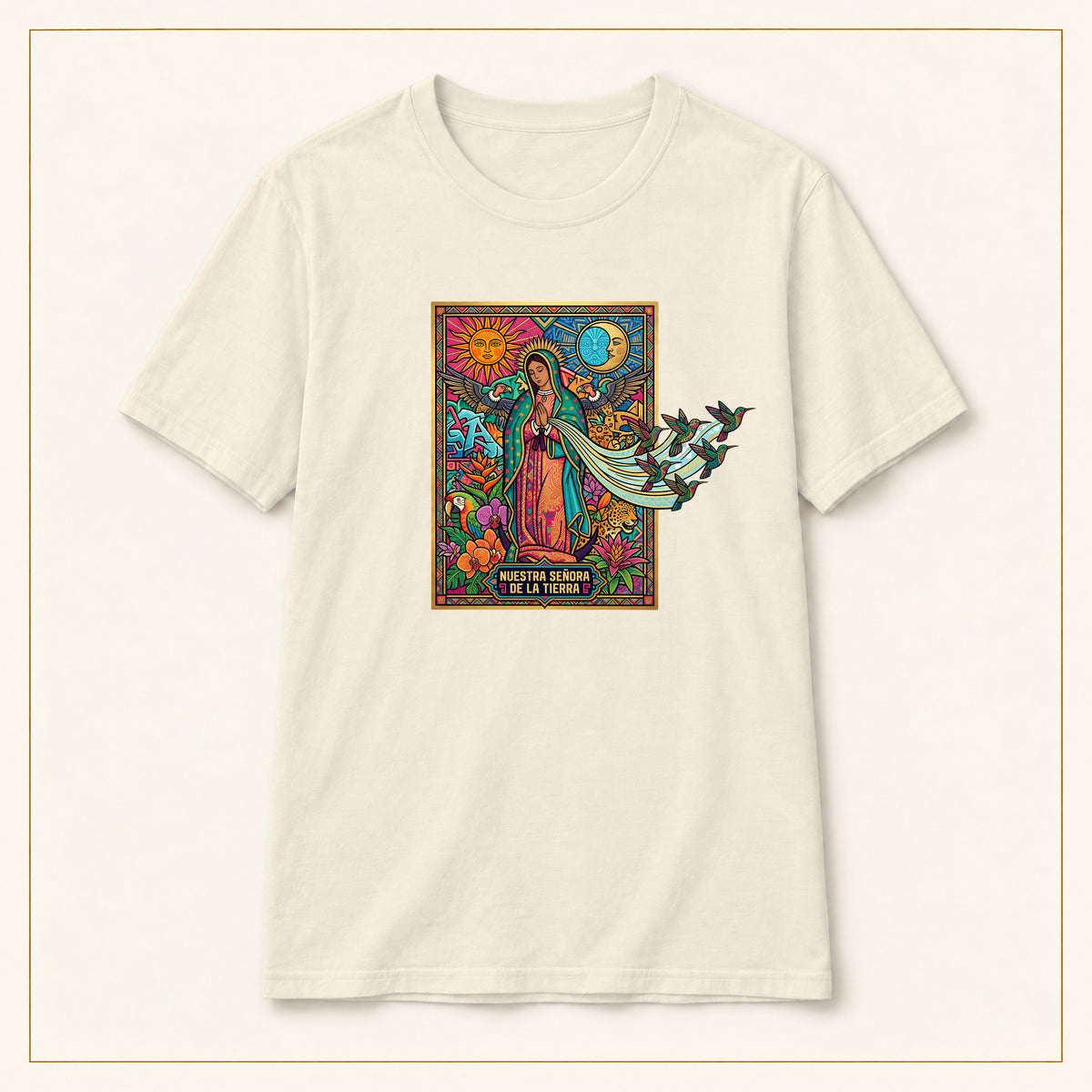 Our Lady of Guadalupe T-Shirt — Stained Glass — compact lay-flat, original print scale and placement — Natural