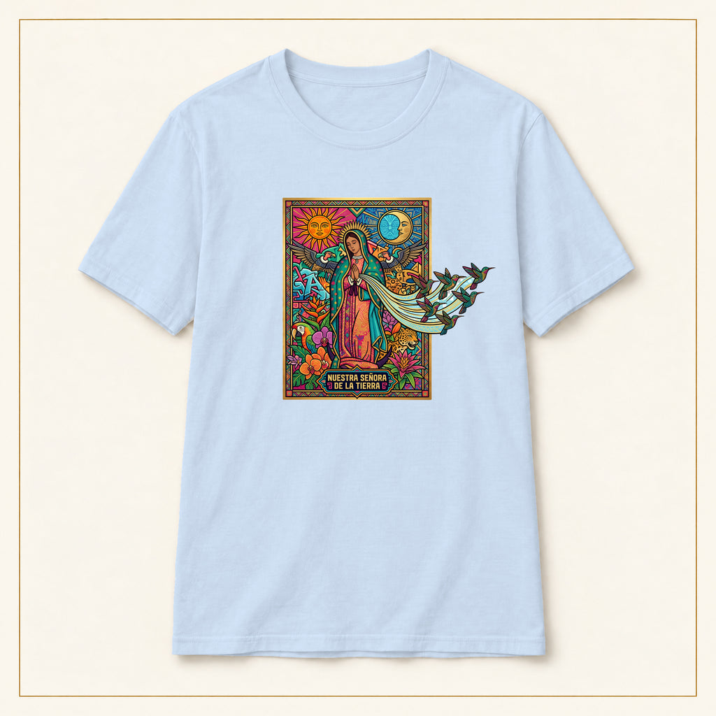 Our Lady of Guadalupe T-Shirt — Stained Glass — compact lay-flat, original print scale and placement — Light Blue