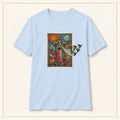 Our Lady of Guadalupe T-Shirt — Stained Glass — compact lay-flat, original print scale and placement — Light Blue