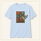 Our Lady of Guadalupe T-Shirt — Stained Glass — compact lay-flat, original print scale and placement — Light Blue