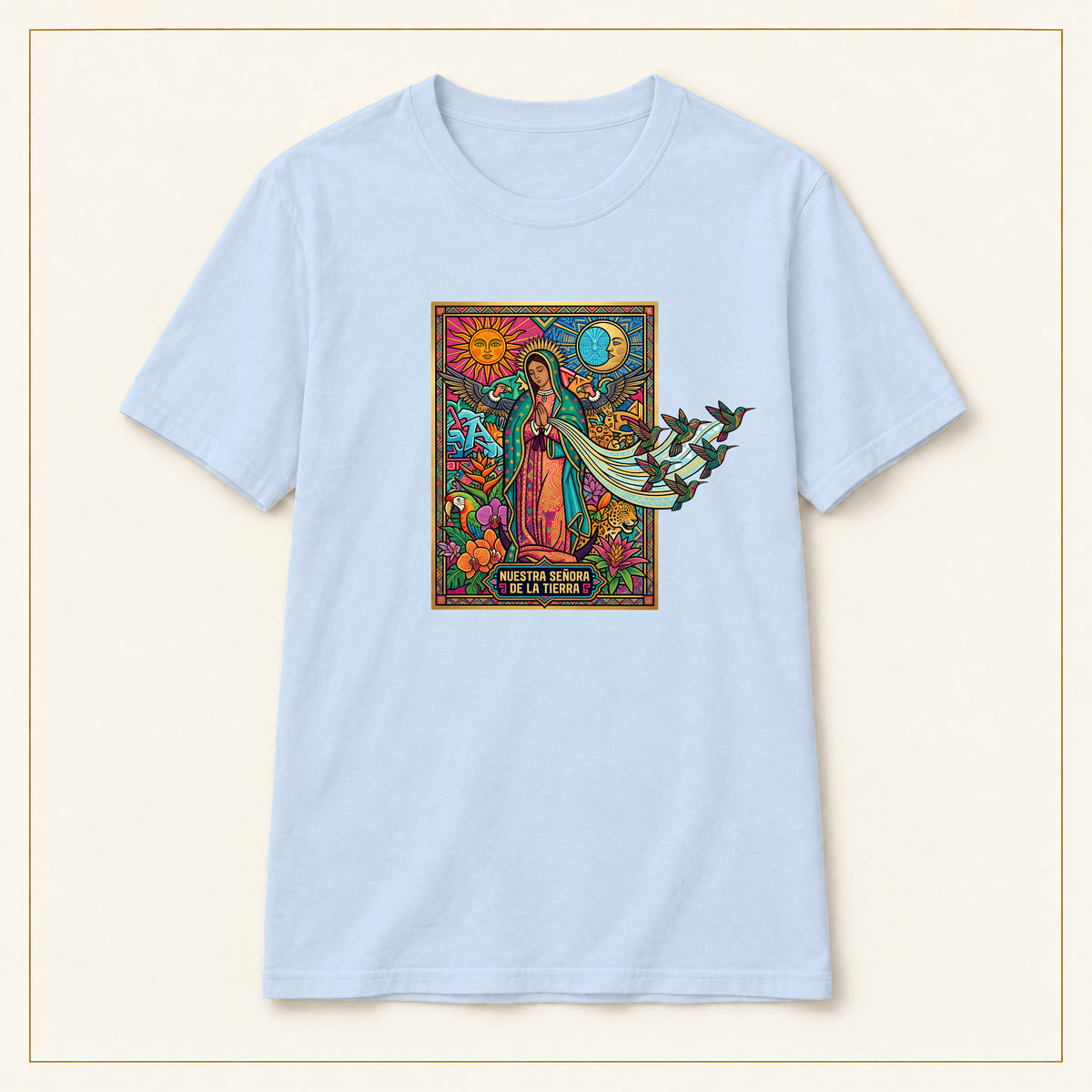 Our Lady of Guadalupe T-Shirt — Stained Glass — compact lay-flat, original print scale and placement — Light Blue