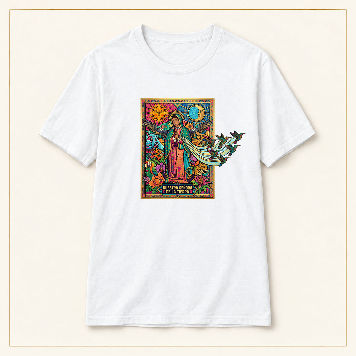 Our Lady of Guadalupe T-Shirt — Stained Glass — compact lay-flat, original print scale and placement — White