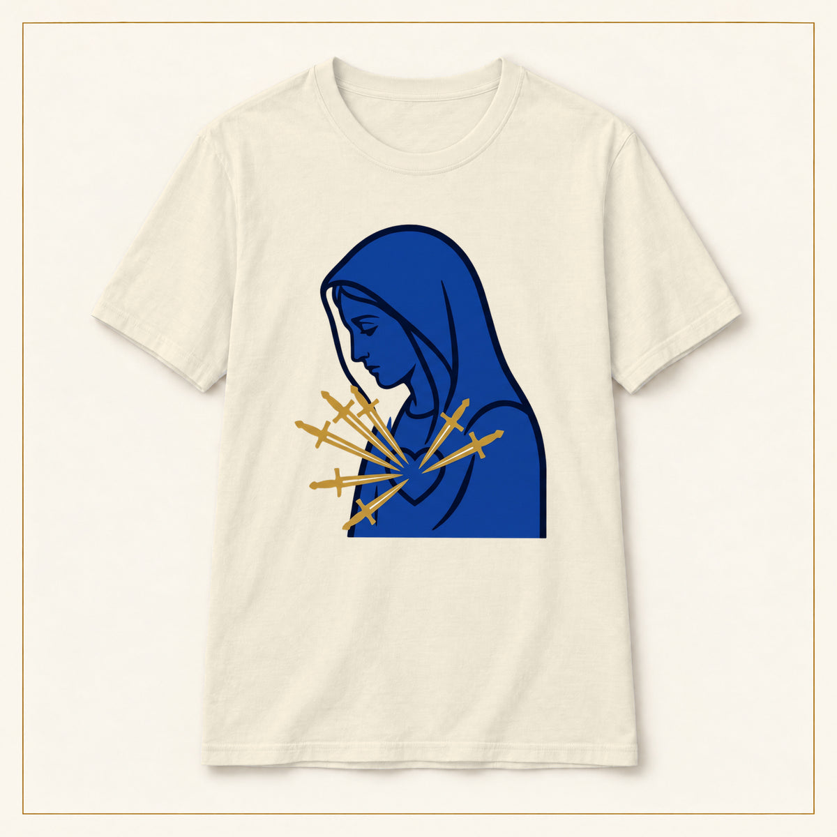 Our Lady of Sorrows T-Shirt — Seven Swords — compact lay-flat, original print scale and placement — Natural