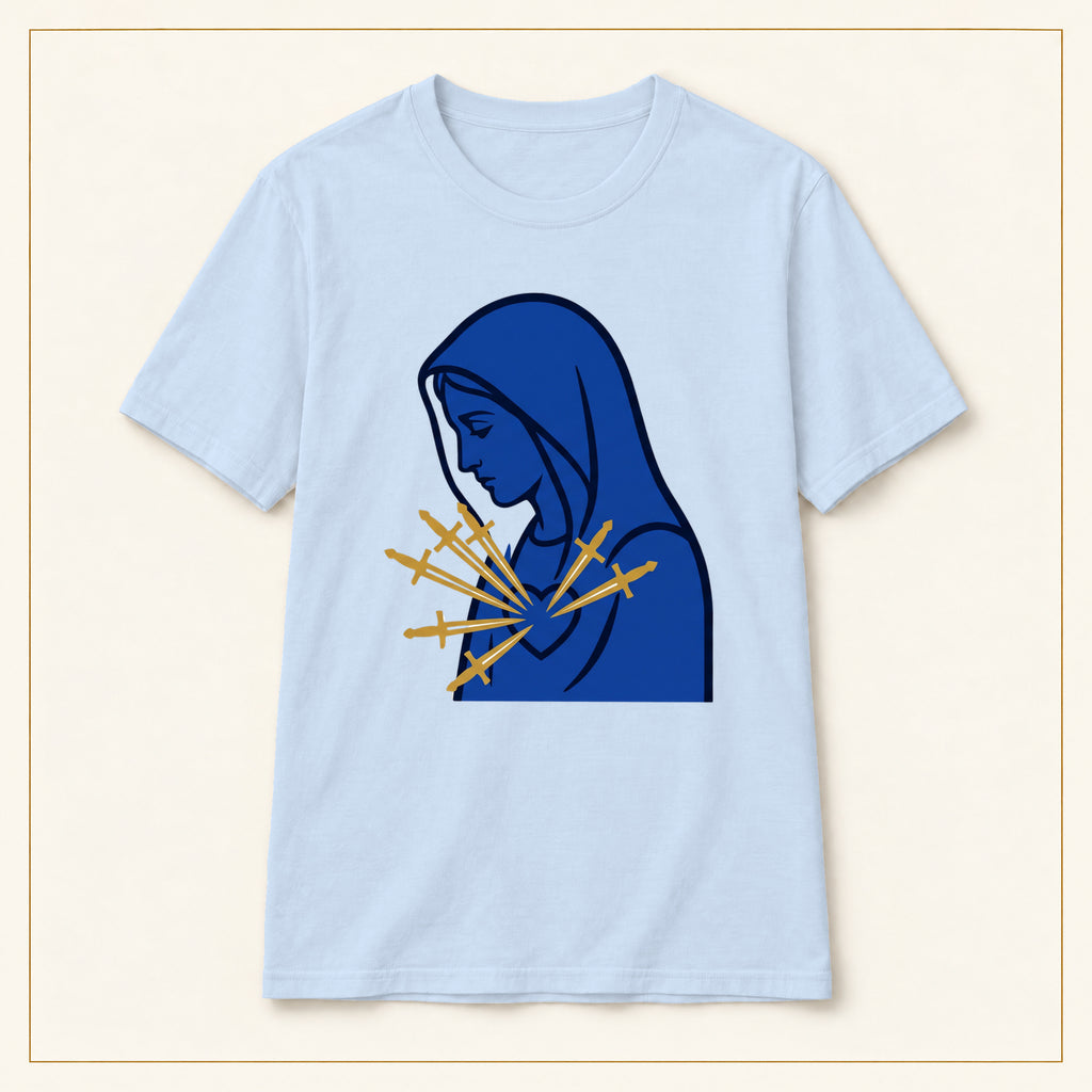 Our Lady of Sorrows T-Shirt — Seven Swords — compact lay-flat, original print scale and placement — Light Blue