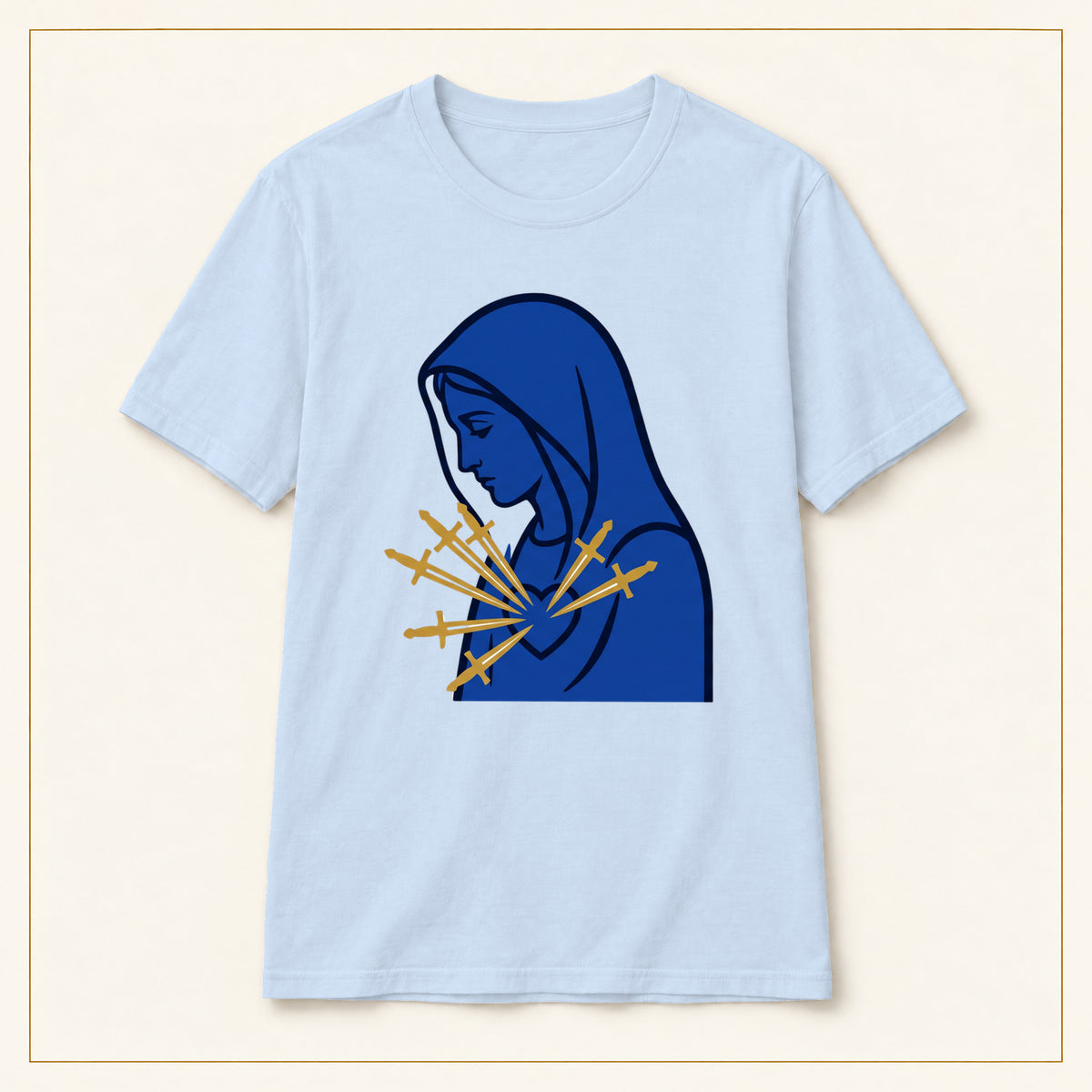 Our Lady of Sorrows T-Shirt — Seven Swords — compact lay-flat, original print scale and placement — Light Blue