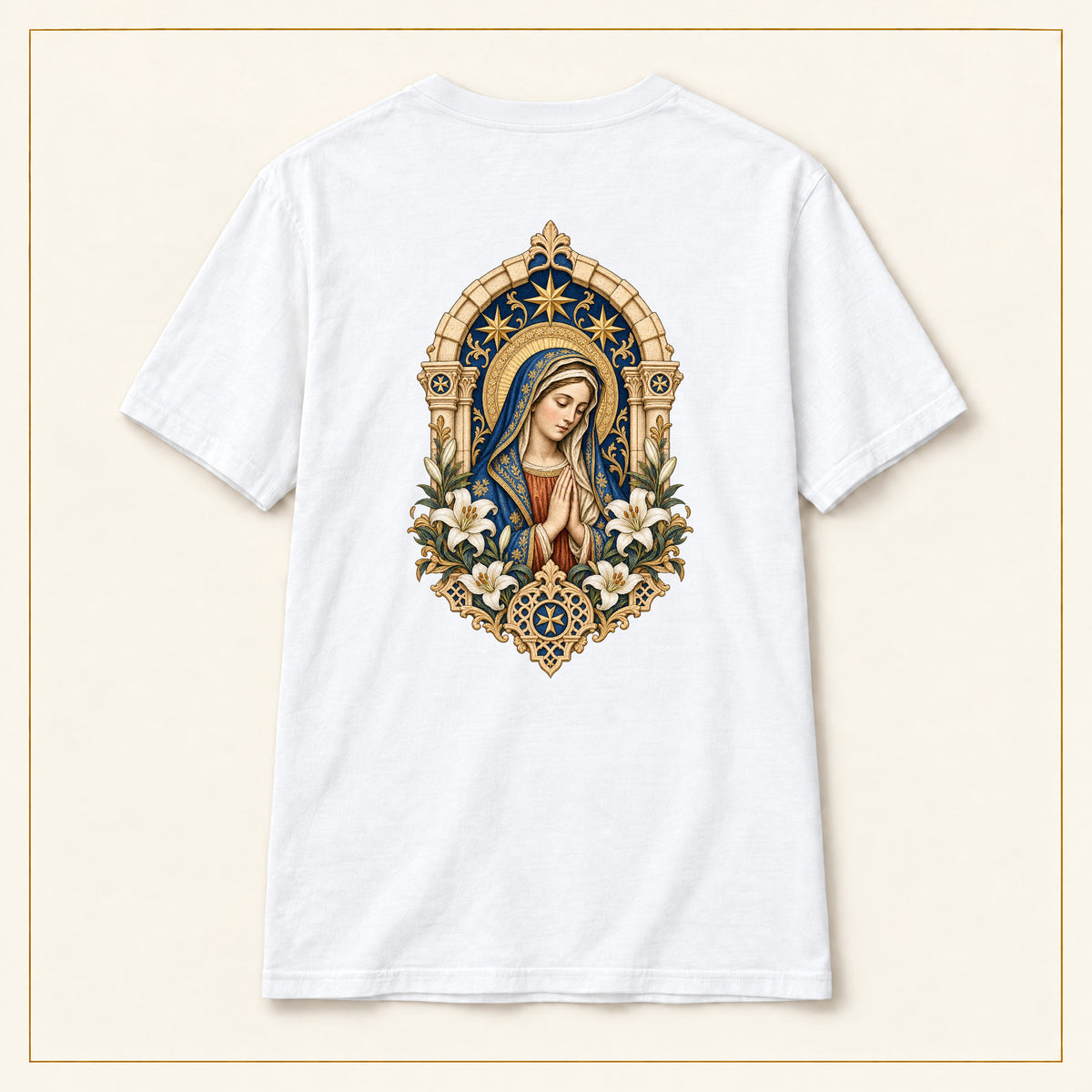 Our Lady of Ta' Pinu — Three Hail Marys White T-Shirt — compact lay-flat, original print scale and placement — back view