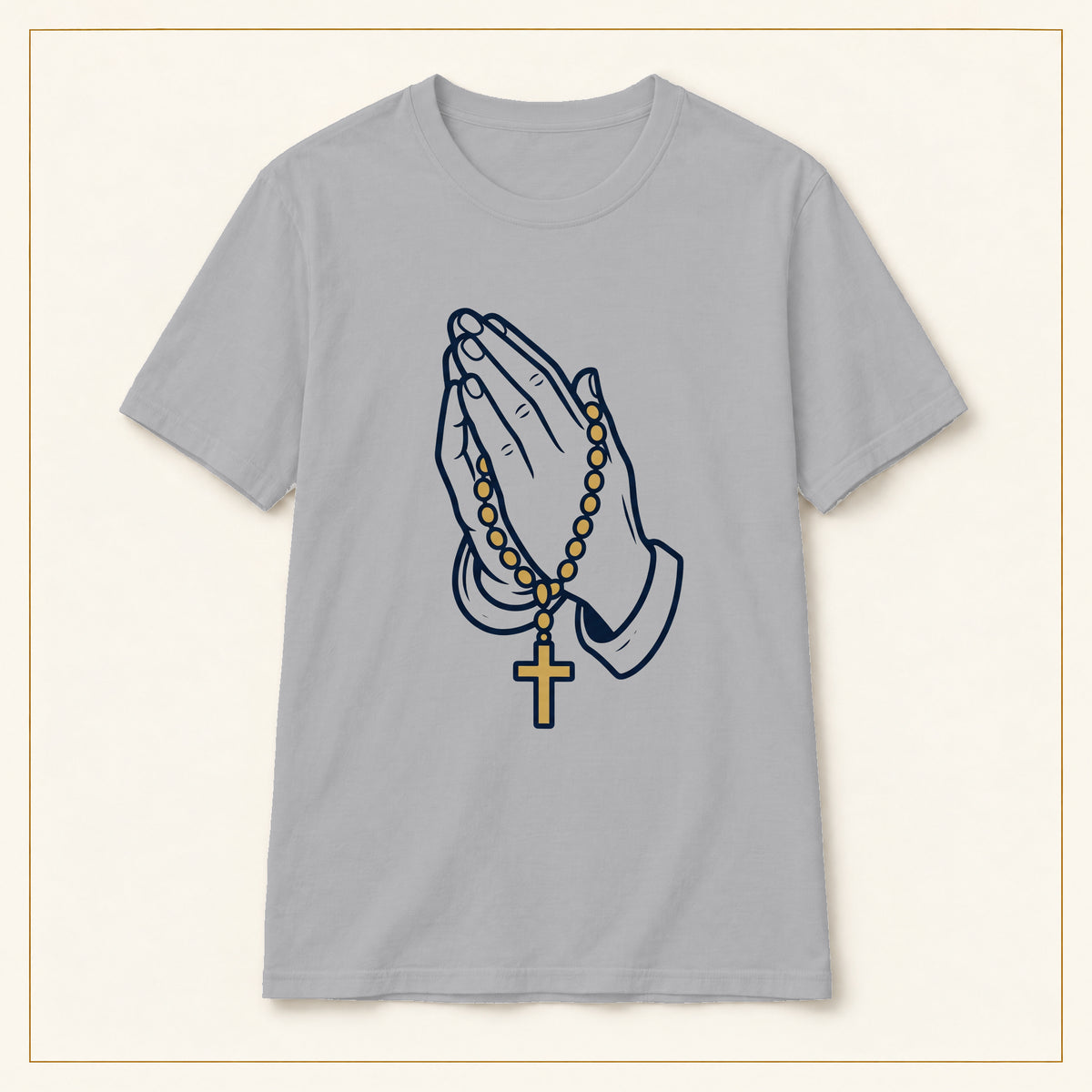 Praying Hands & Rosary T-Shirt — Line Art — compact lay-flat, original print scale and placement — Sport Grey