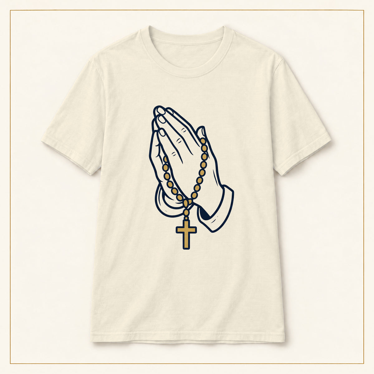 Praying Hands & Rosary T-Shirt — Line Art — compact lay-flat, original print scale and placement — Natural
