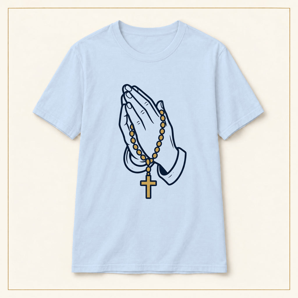 Praying Hands & Rosary T-Shirt — Line Art — compact lay-flat, original print scale and placement — Light Blue