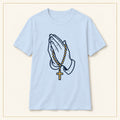 Praying Hands & Rosary T-Shirt — Line Art — compact lay-flat, original print scale and placement — Light Blue