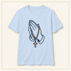 Praying Hands & Rosary T-Shirt — Line Art — compact lay-flat, original print scale and placement — Light Blue