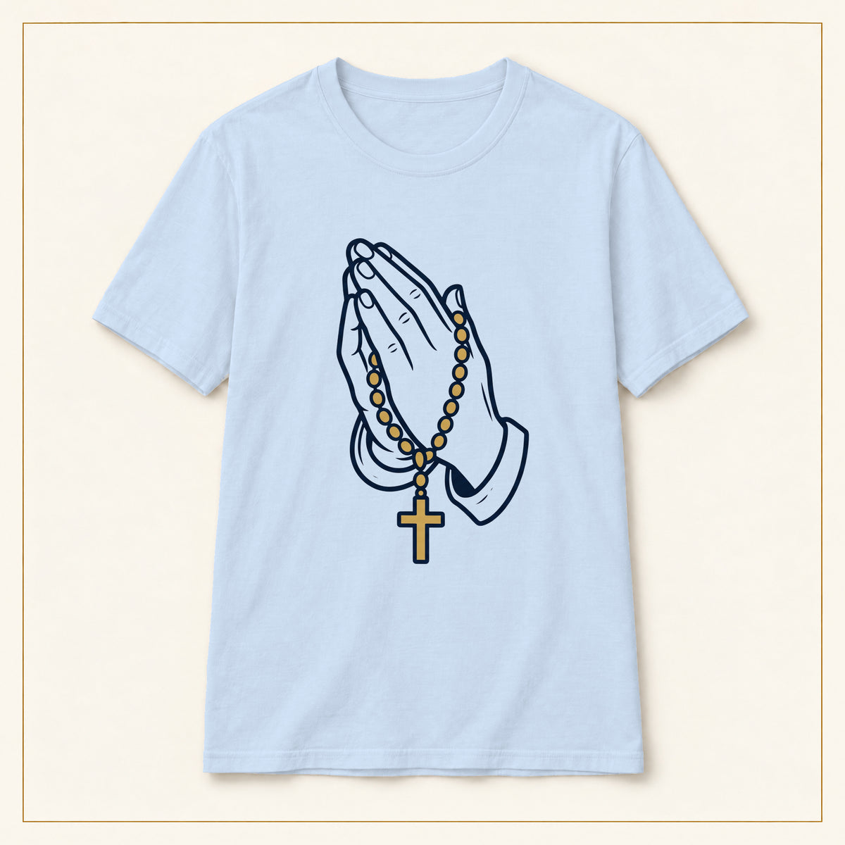 Praying Hands & Rosary T-Shirt — Line Art — compact lay-flat, original print scale and placement — Light Blue