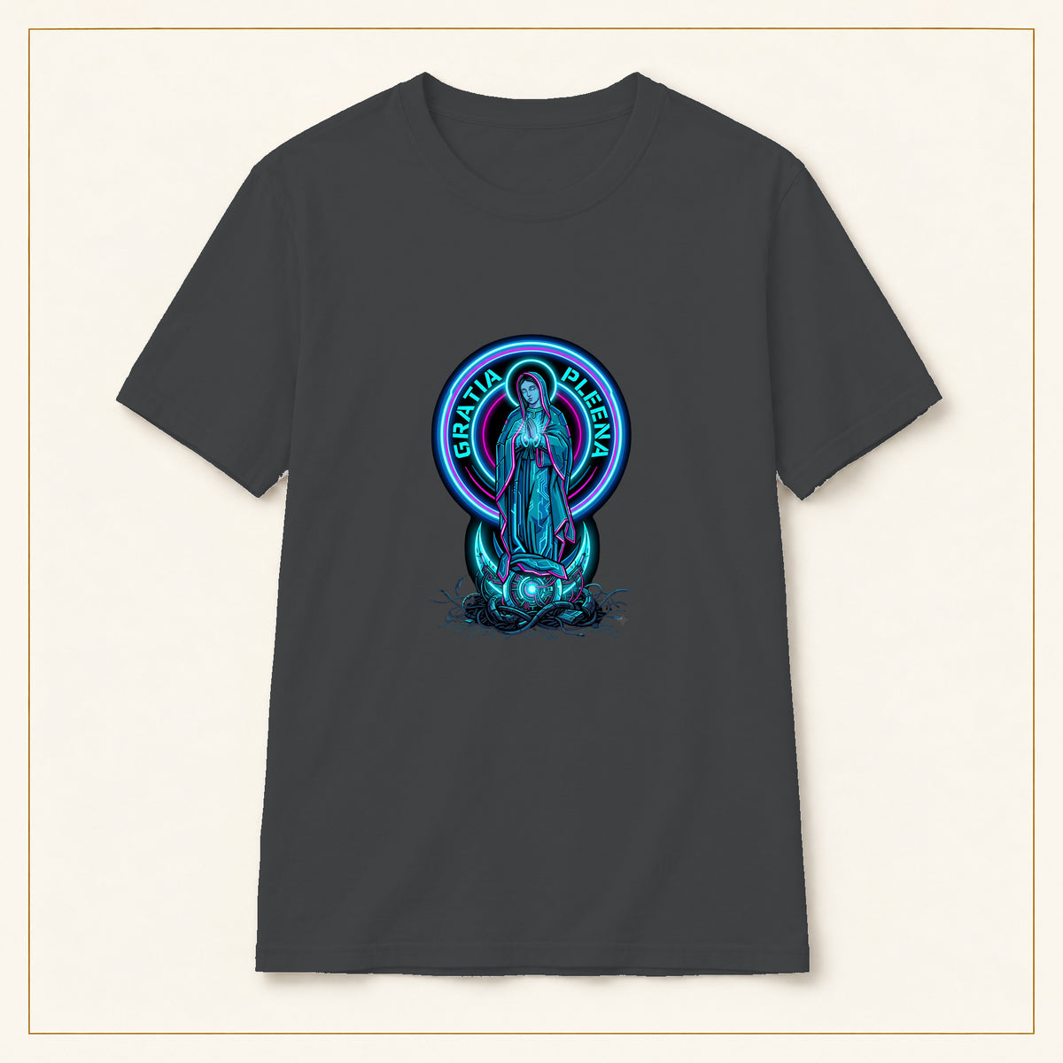 Gratia Plena T-Shirt — Neon Virgin Mary — compact lay-flat, production print scale and placement — Dark Heather