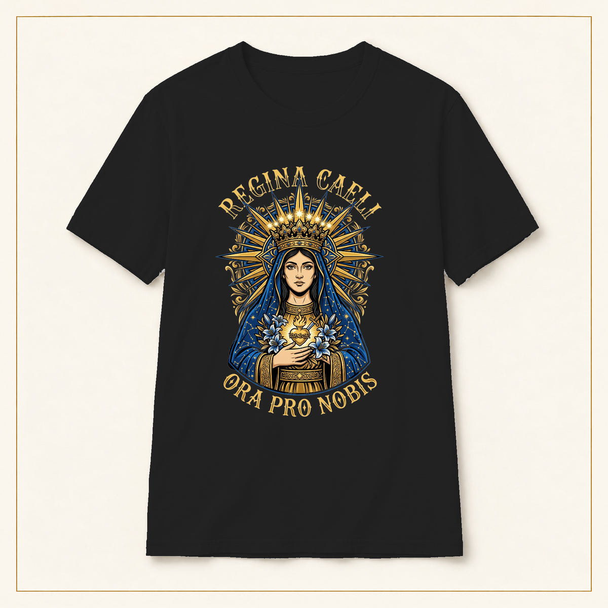 Regina Caeli T-Shirt — Marian Queen — compact lay-flat, original print scale and placement — Black
