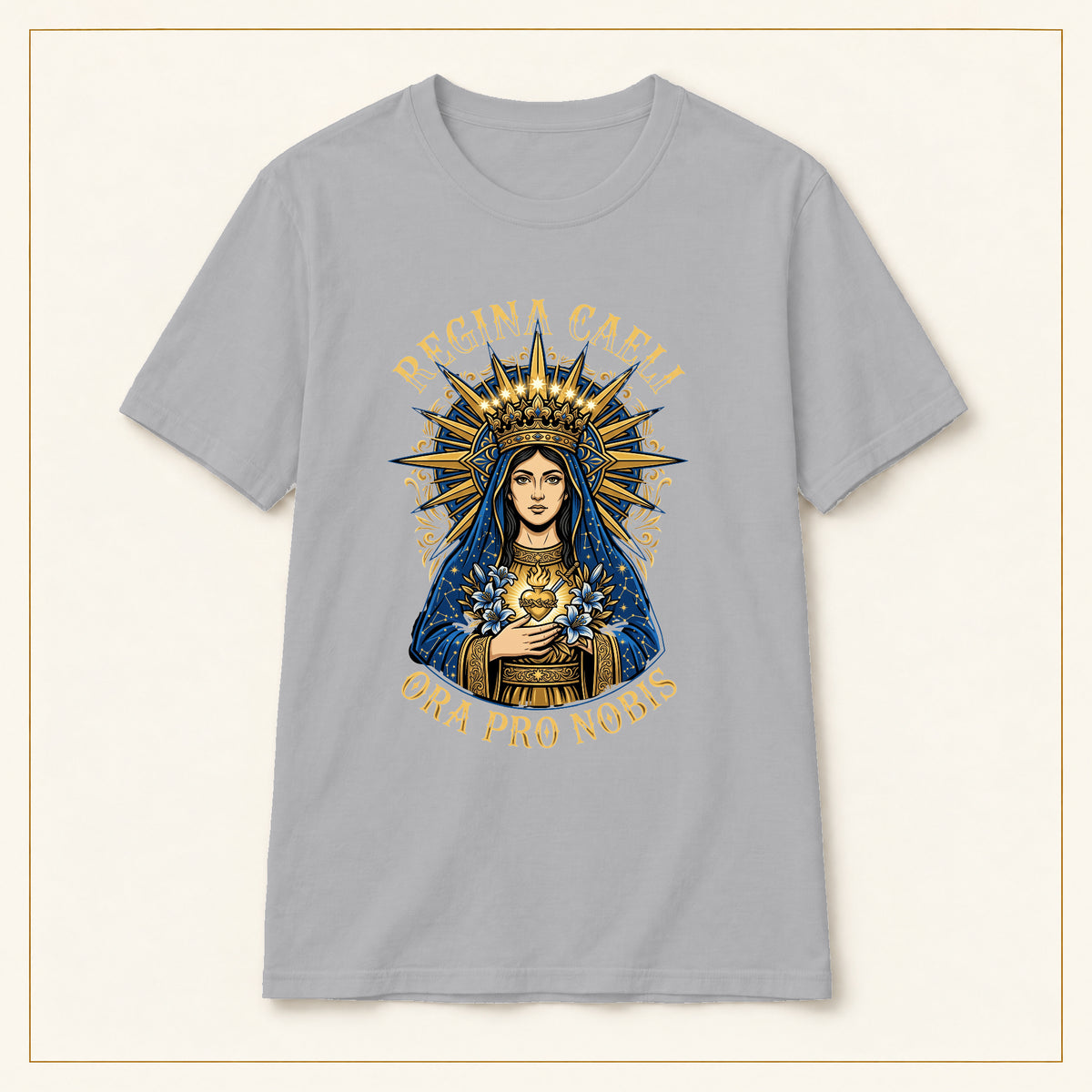Regina Caeli T-Shirt — Marian Queen — compact lay-flat, original print scale and placement — Sport Grey