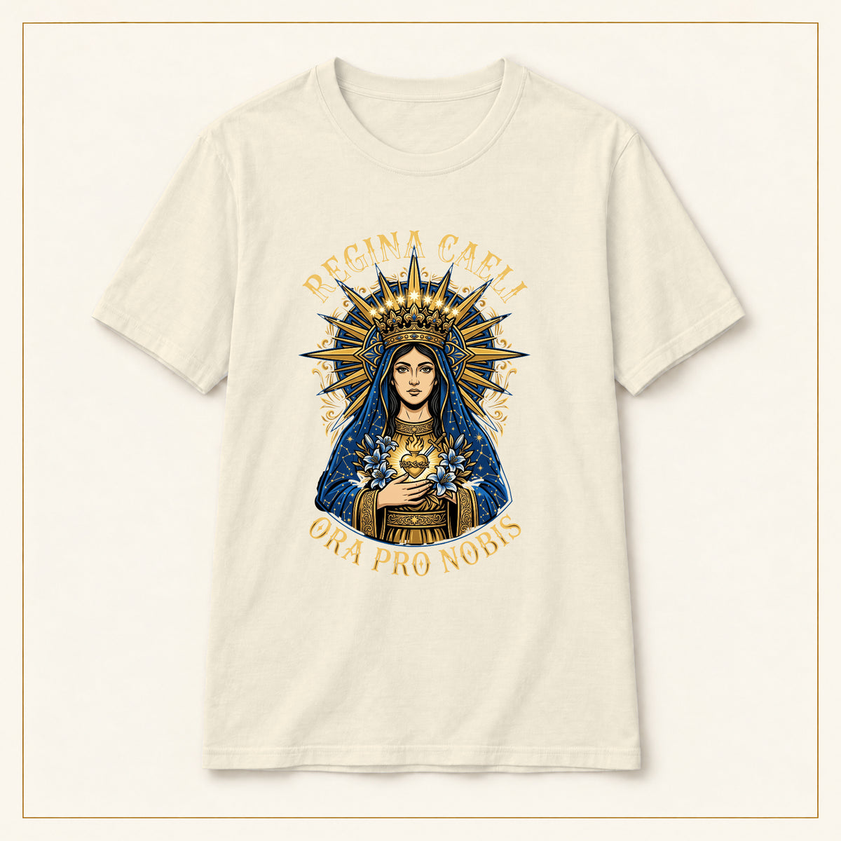 Regina Caeli T-Shirt — Marian Queen — compact lay-flat, original print scale and placement — Natural