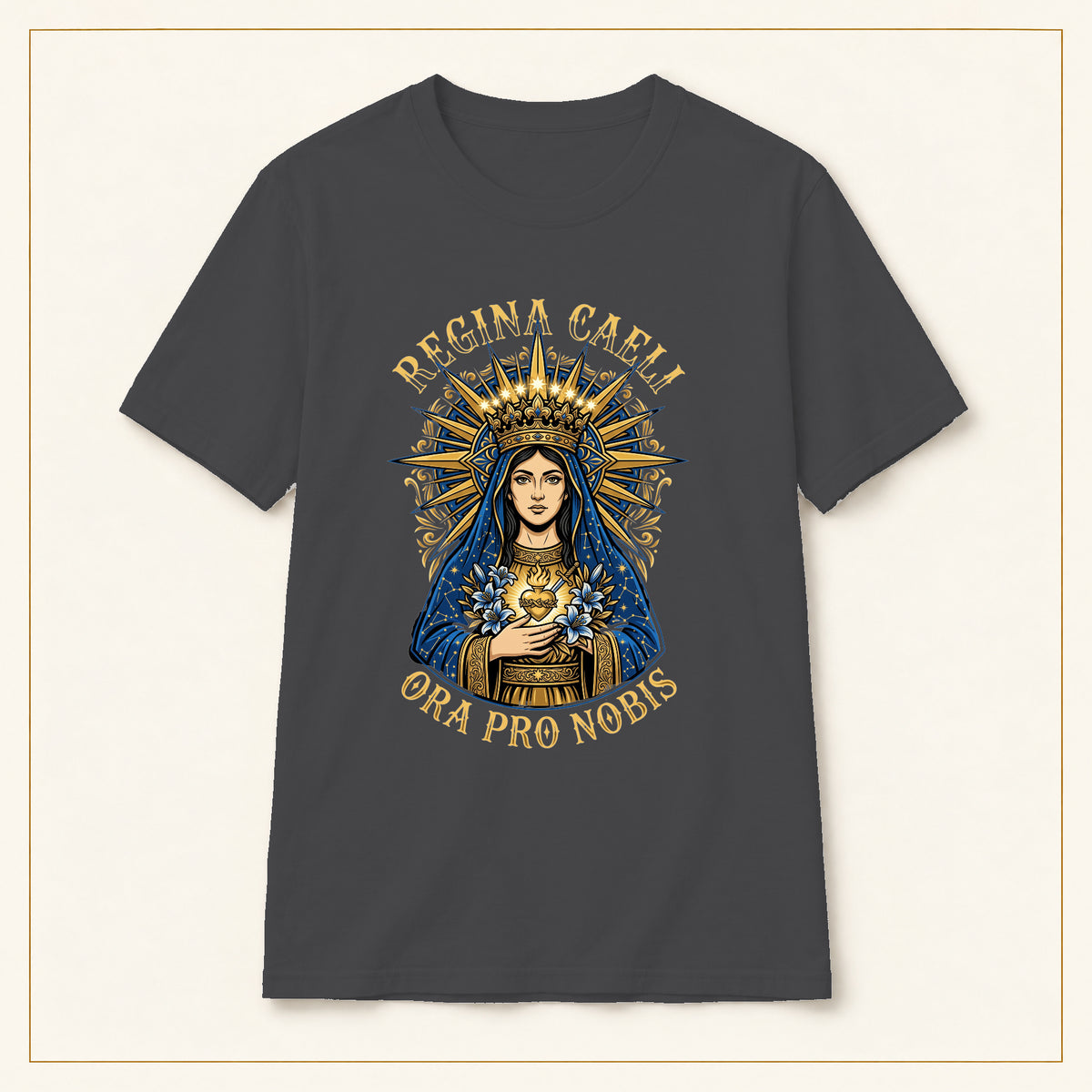Regina Caeli T-Shirt — Marian Queen — compact lay-flat, original print scale and placement — Dark Heather