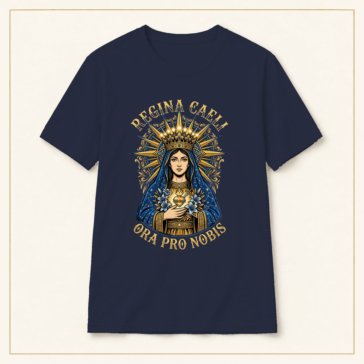 Regina Caeli T-Shirt — Marian Queen — compact lay-flat, original print scale and placement — Navy