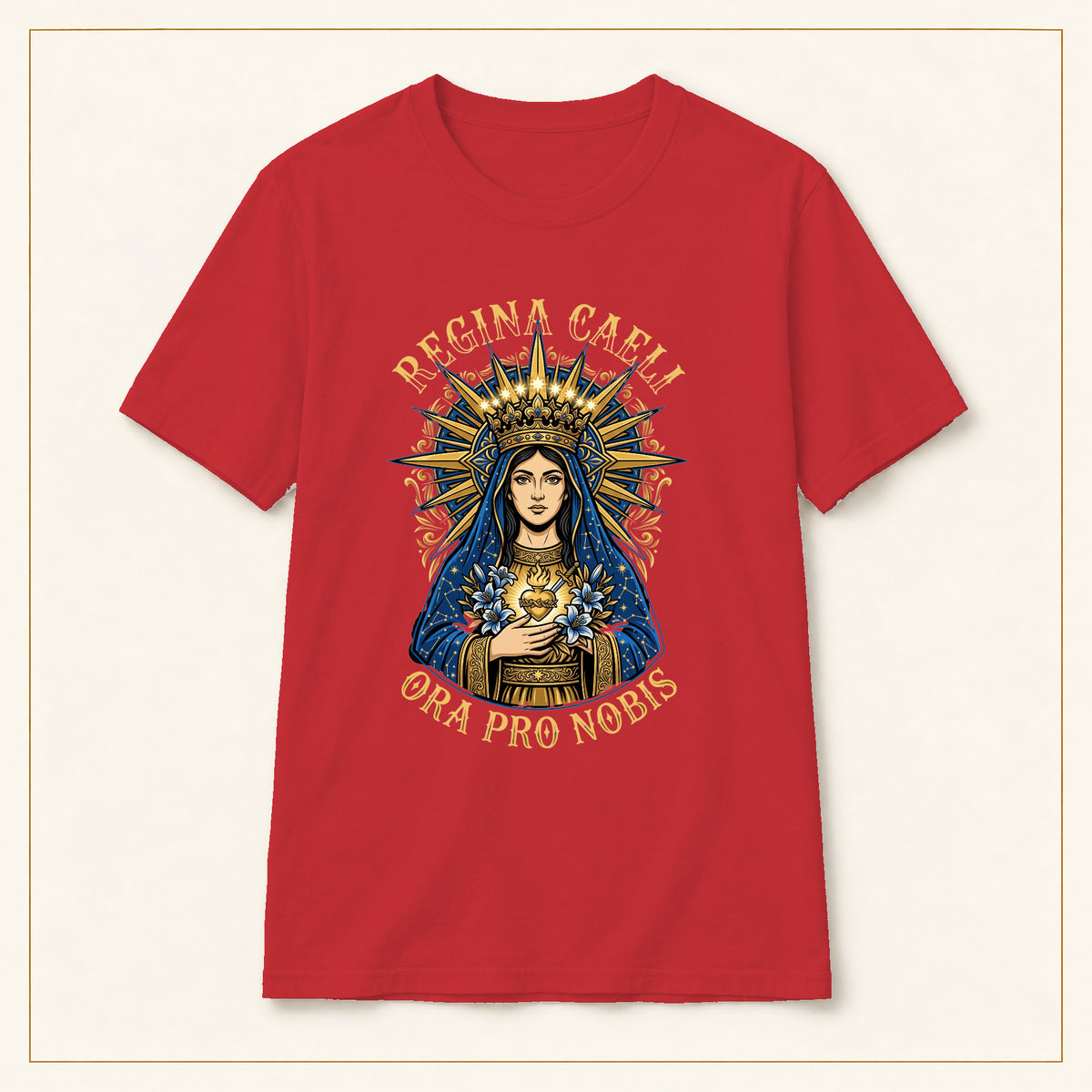 Regina Caeli T-Shirt — Marian Queen — compact lay-flat, original print scale and placement — Red