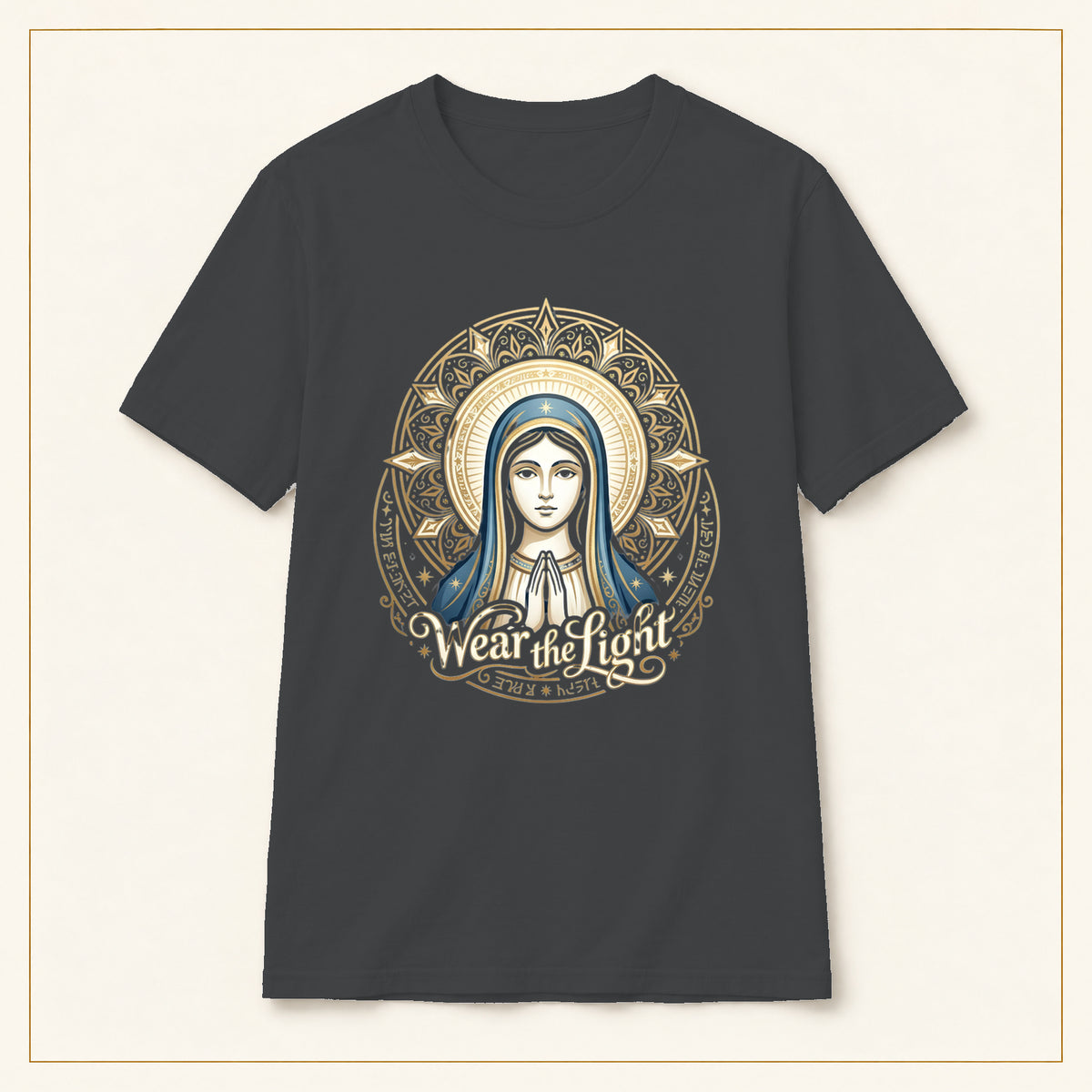 Virgin Mary Mandala T-Shirt — Sacred Geometry — compact lay-flat, production print scale and placement — Dark Heather
