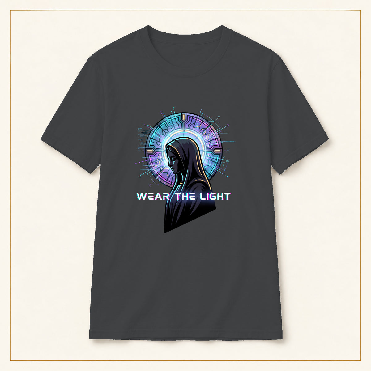 Sci-Fi Halo T-Shirt — Embrace the Light — compact lay-flat, production print scale and placement — Dark Heather