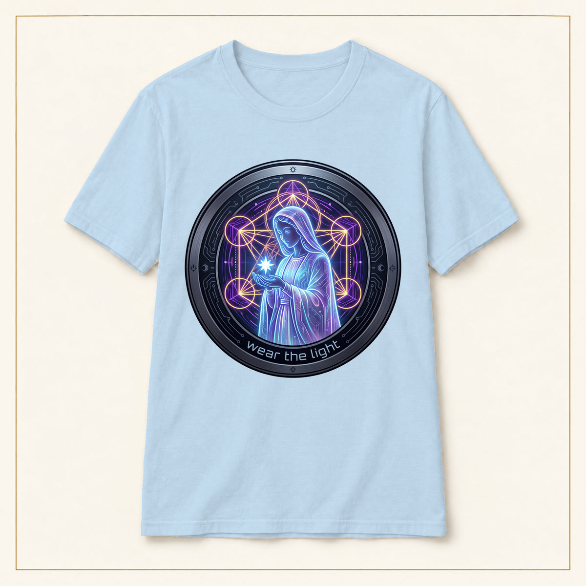 Virgin Mary T-Shirt — Neon Sacred Geometry — compact lay-flat, production print scale and placement — Light Blue