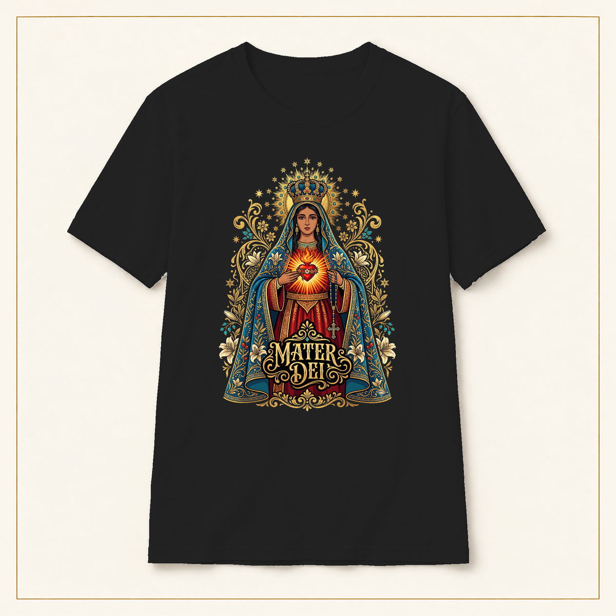 Sacred Heart Mary T-Shirt — Vintage Florals — compact lay-flat, original print scale and placement — Black