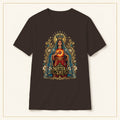 Sacred Heart Mary T-Shirt — Vintage Florals — compact lay-flat, original print scale and placement — Dark Chocolate