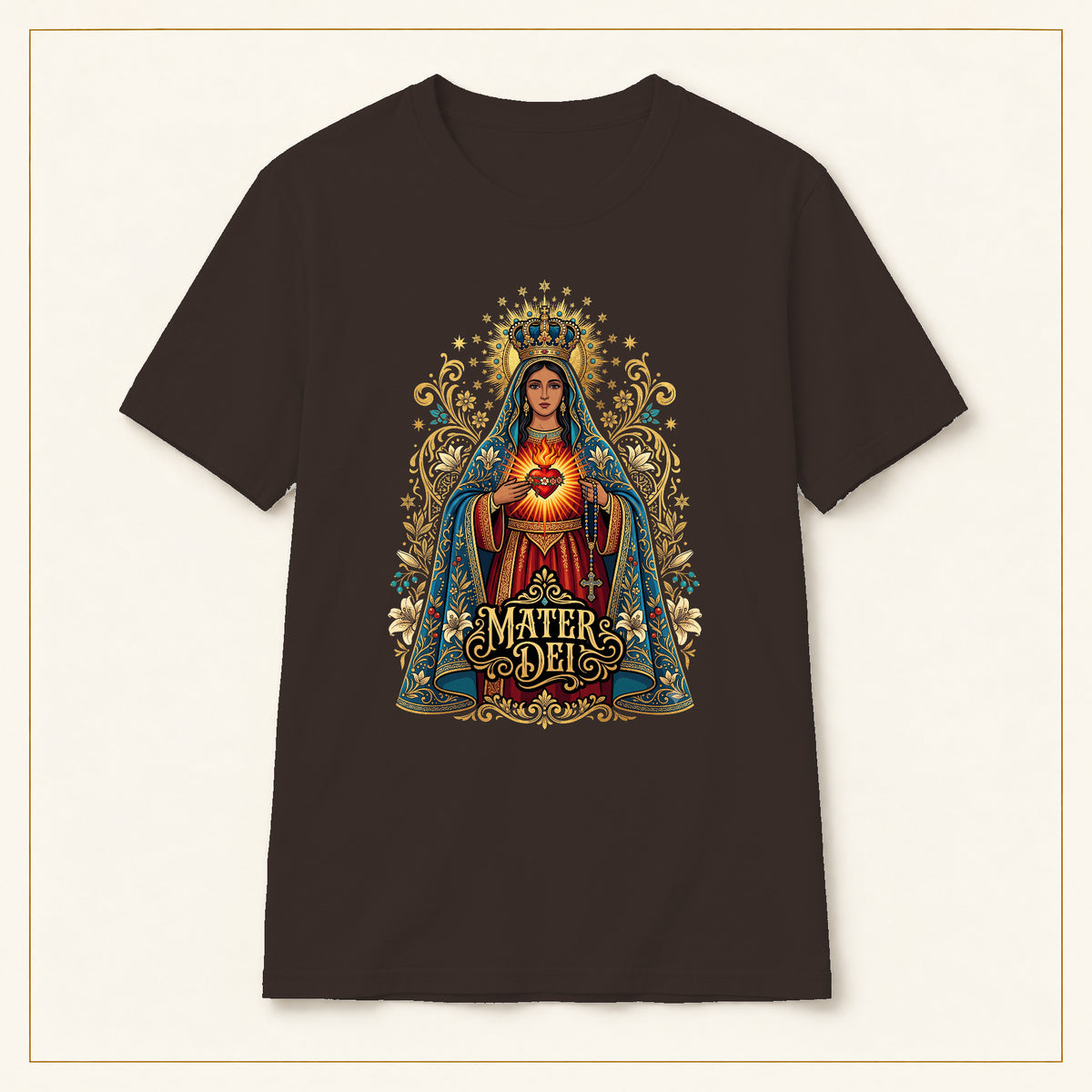 Sacred Heart Mary T-Shirt — Vintage Florals — compact lay-flat, original print scale and placement — Dark Chocolate