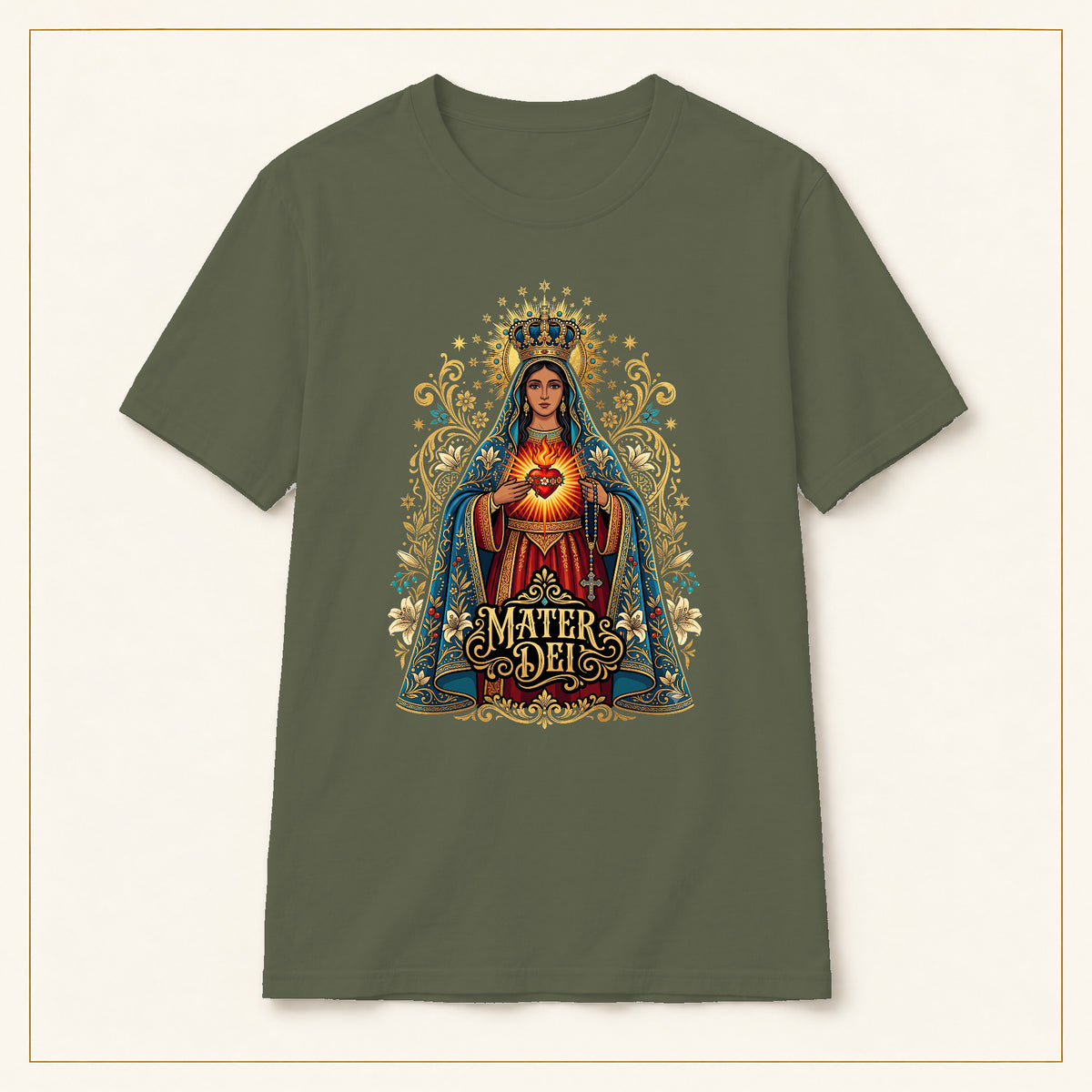 Sacred Heart Mary T-Shirt — Vintage Florals — compact lay-flat, original print scale and placement — Military Green