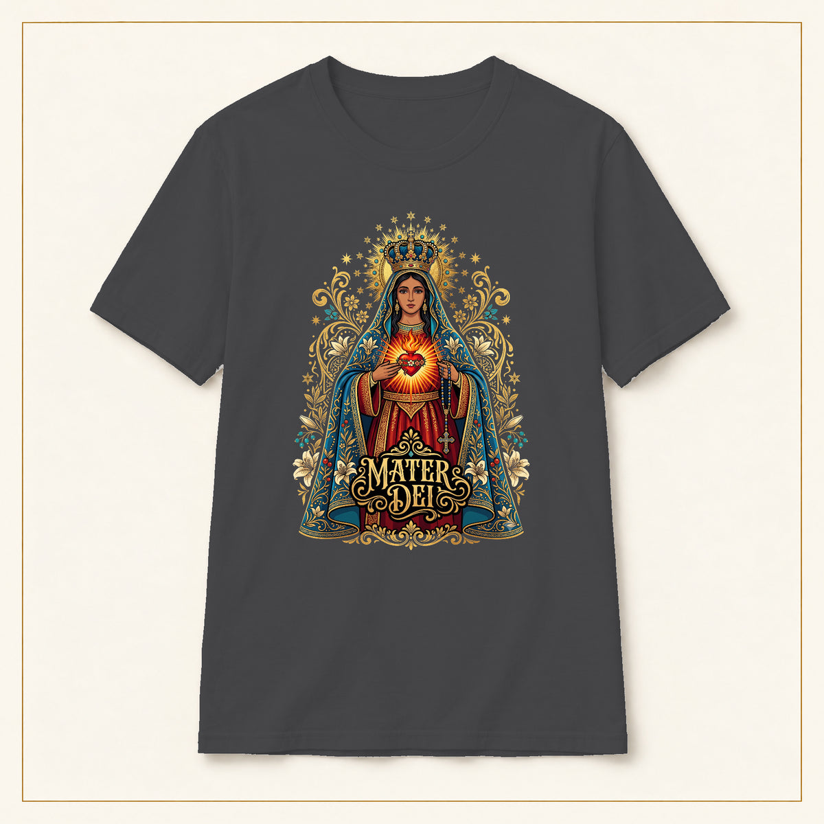 Sacred Heart Mary T-Shirt — Vintage Florals — compact lay-flat, original print scale and placement — Dark Heather