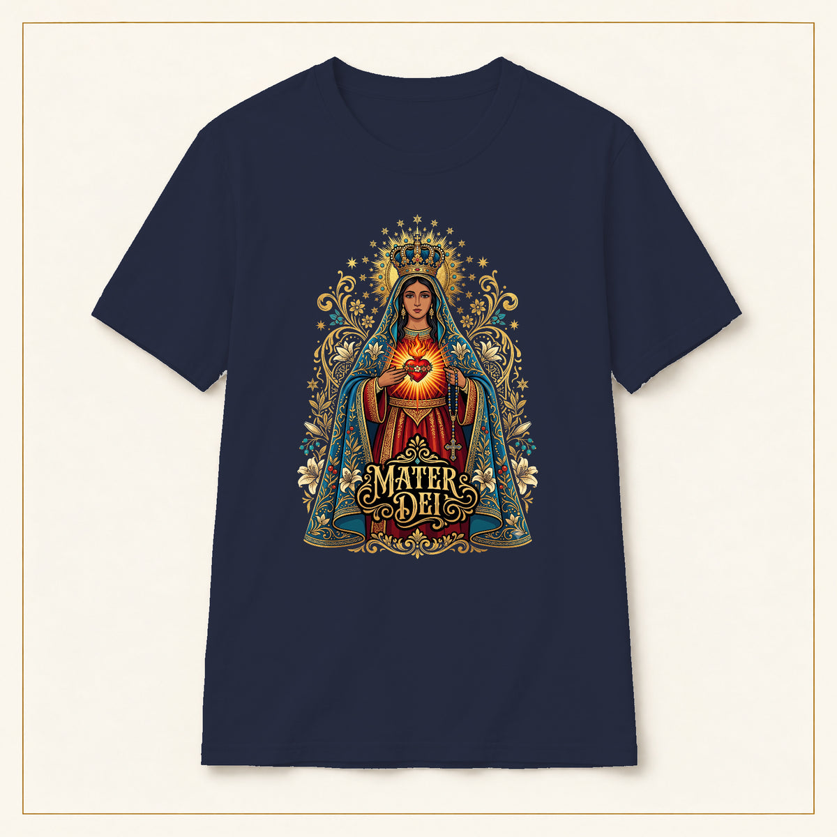 Sacred Heart Mary T-Shirt — Vintage Florals — compact lay-flat, original print scale and placement — Navy