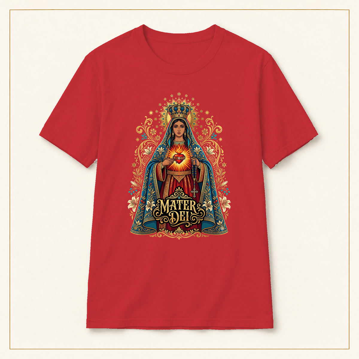 Sacred Heart Mary T-Shirt — Vintage Florals — compact lay-flat, original print scale and placement — Red