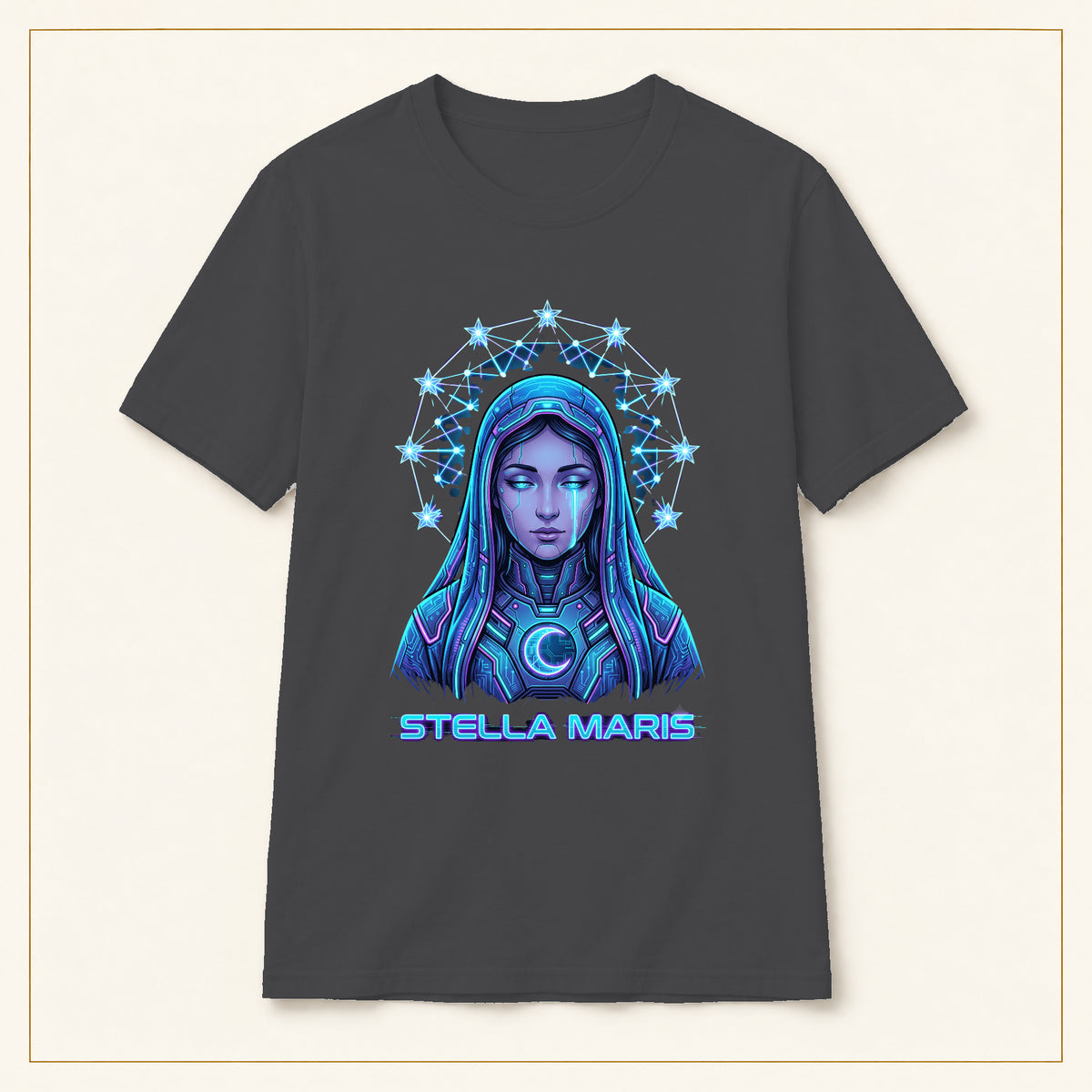 Stella Maris T-Shirt — Celestial Virgin Mary — compact lay-flat, original print scale and placement — Dark Heather