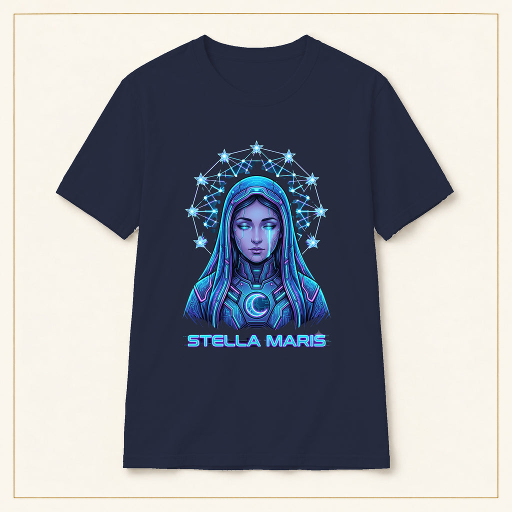 Stella Maris T-Shirt — Celestial Virgin Mary — compact lay-flat, original print scale and placement — Navy