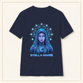 Stella Maris T-Shirt — Celestial Virgin Mary — compact lay-flat, original print scale and placement — Navy