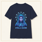 Stella Maris T-Shirt — Celestial Virgin Mary — compact lay-flat, original print scale and placement — Navy