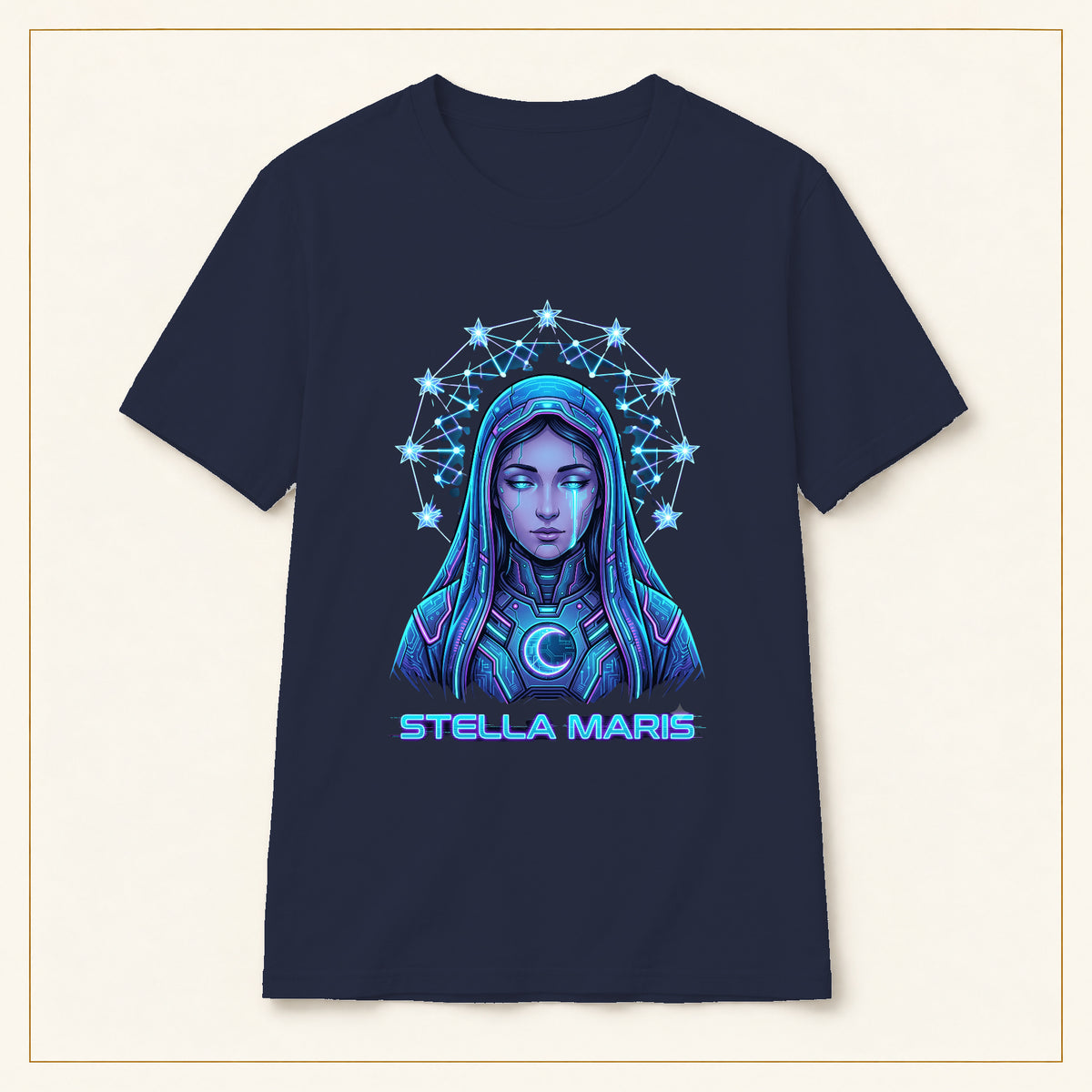 Stella Maris T-Shirt — Celestial Virgin Mary — compact lay-flat, original print scale and placement — Navy