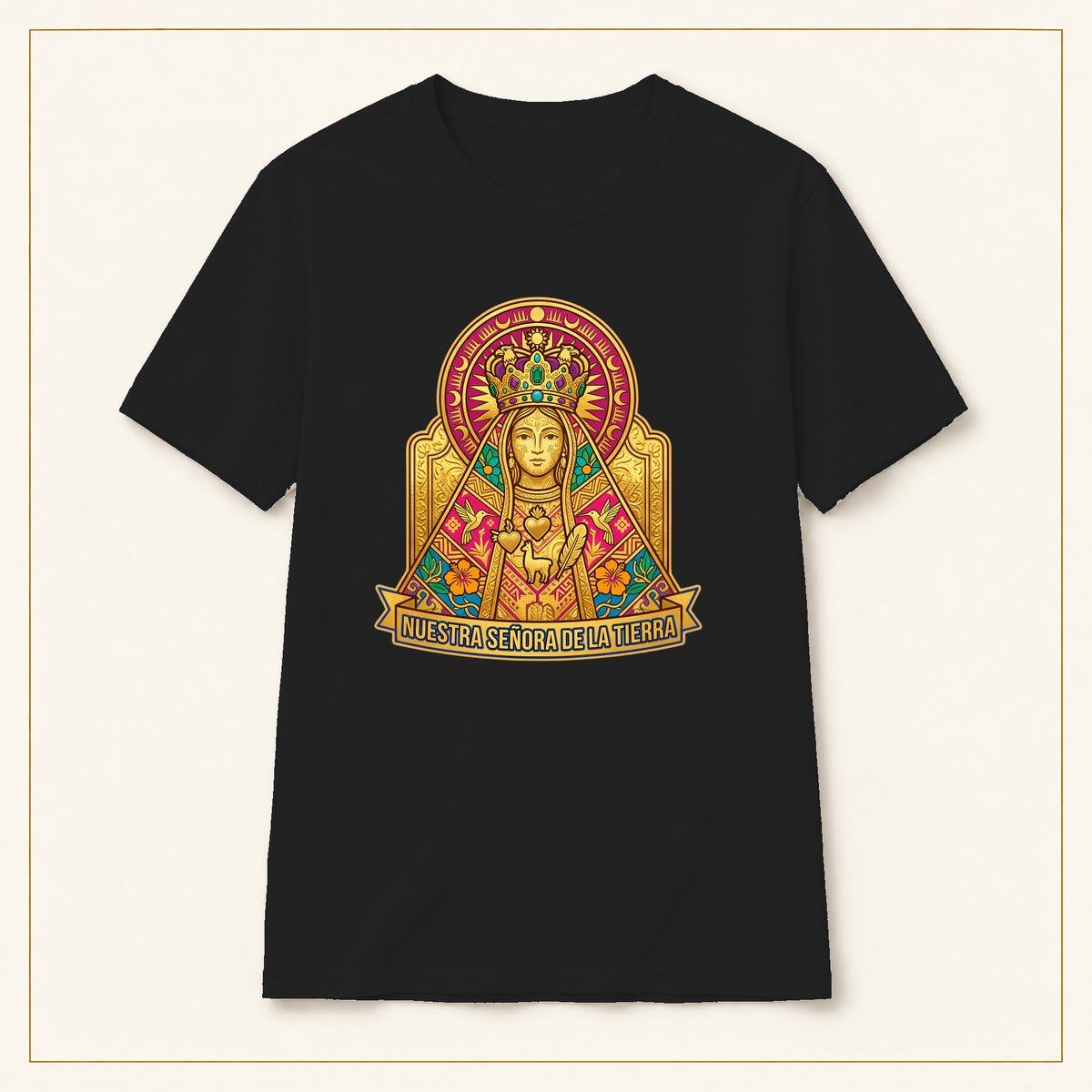 Sacred Heart Madonna T-Shirt — Folk Illustration — compact lay-flat, original print scale and placement — Black