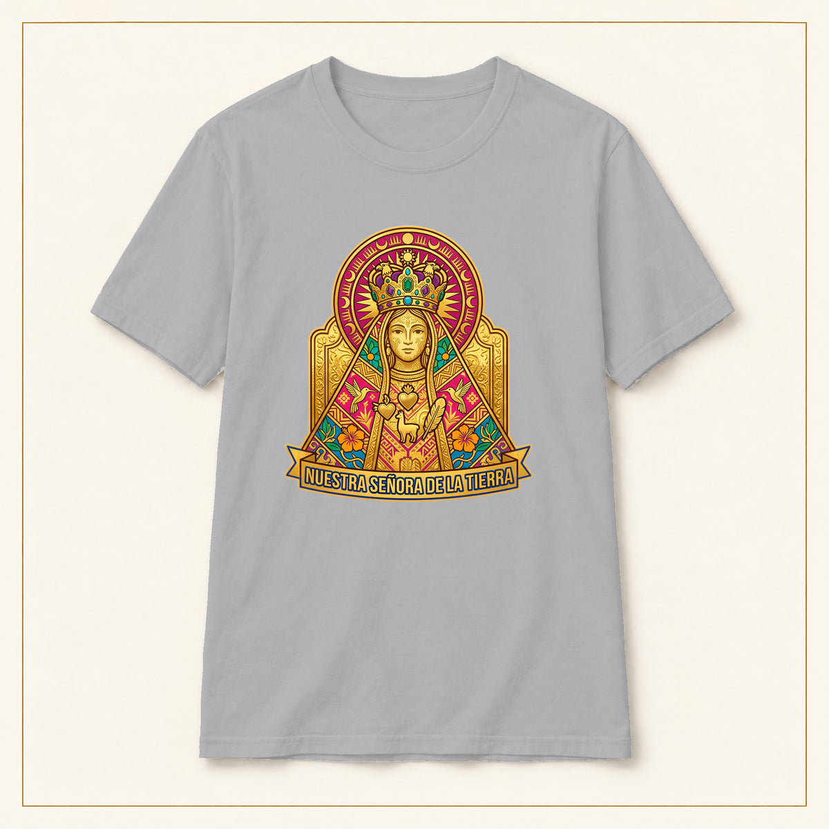 Sacred Heart Madonna T-Shirt — Folk Illustration — compact lay-flat, original print scale and placement — Sport Grey