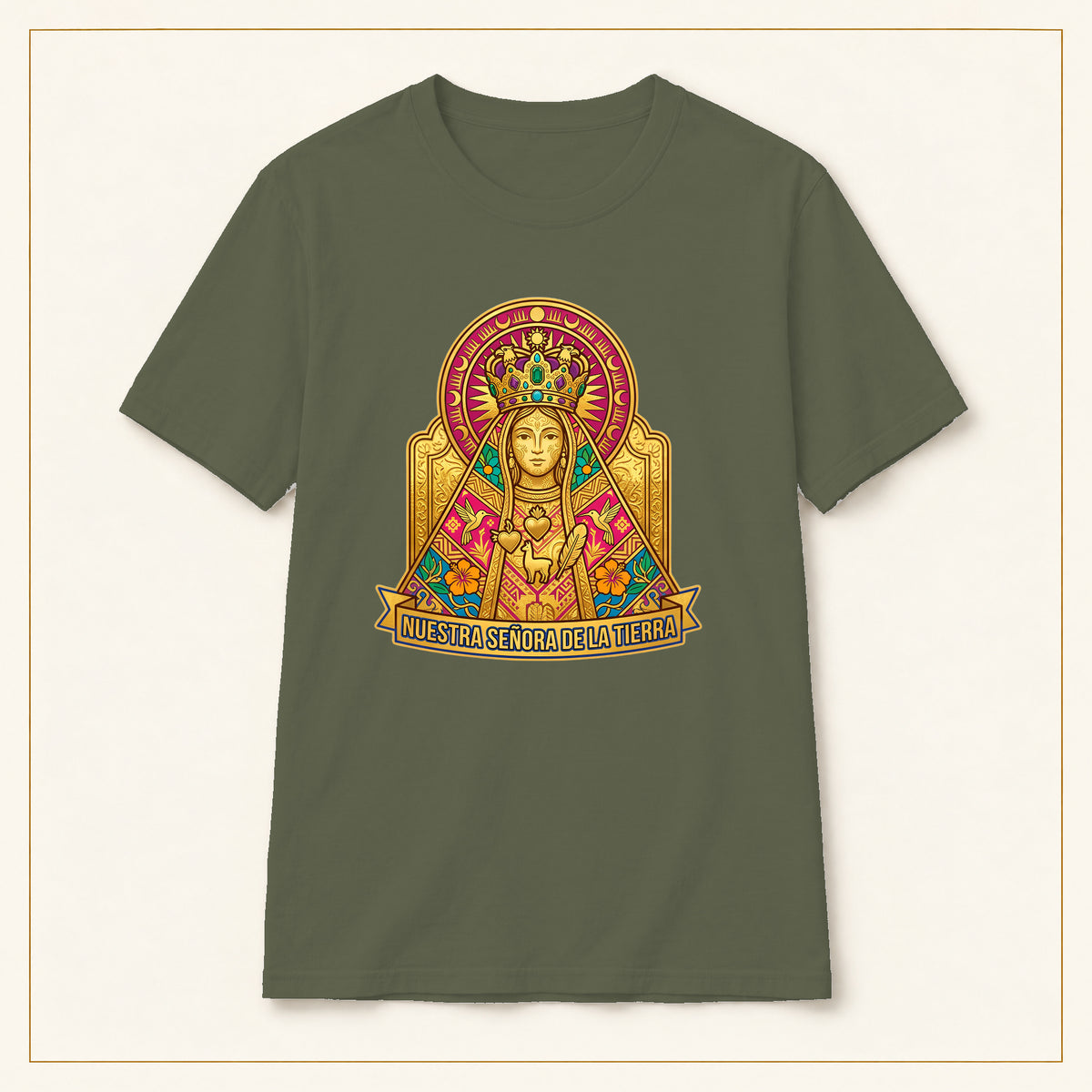 Sacred Heart Madonna T-Shirt — Folk Illustration — compact lay-flat, original print scale and placement — Military Green