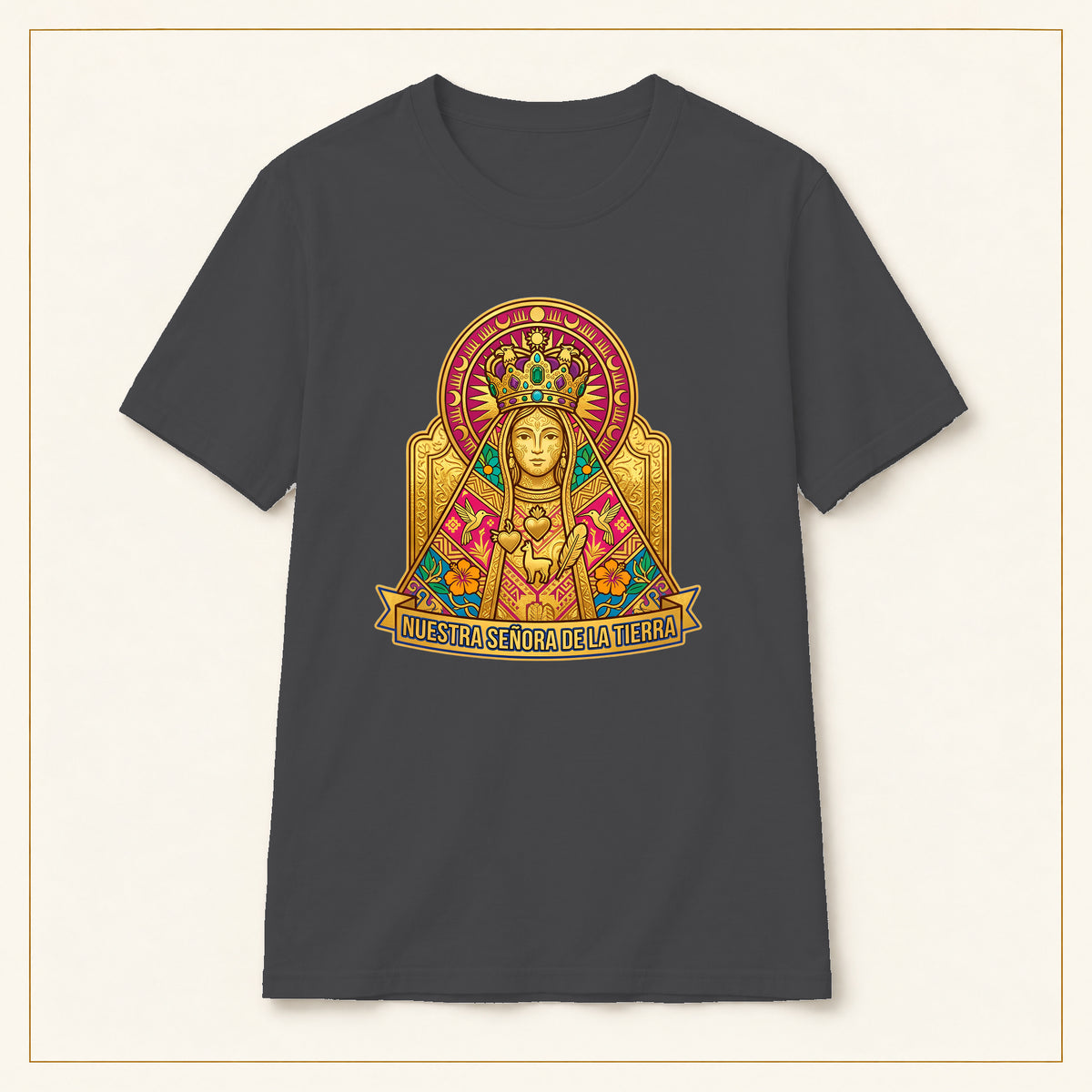 Sacred Heart Madonna T-Shirt — Folk Illustration — compact lay-flat, original print scale and placement — Dark Heather