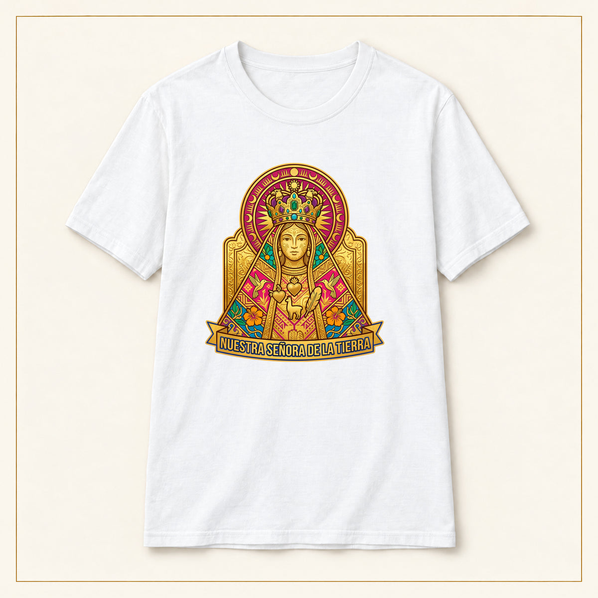 Sacred Heart Madonna T-Shirt — Folk Illustration — compact lay-flat, original print scale and placement — White