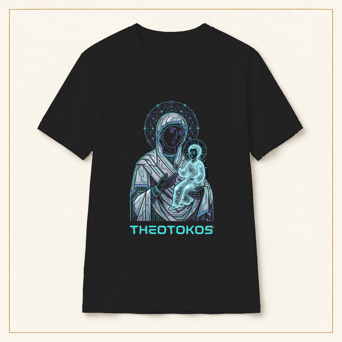 Theotokos T-Shirt — Neon Madonna & Child — compact lay-flat, original print scale and placement — Black